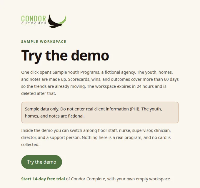 Condor Try the demo page saying the sample workspace is fictional and not to enter real client information