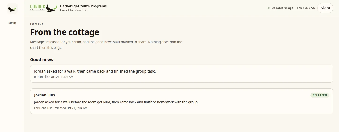 Condor From the cottage page for a sample guardian showing good news and a released message about their child