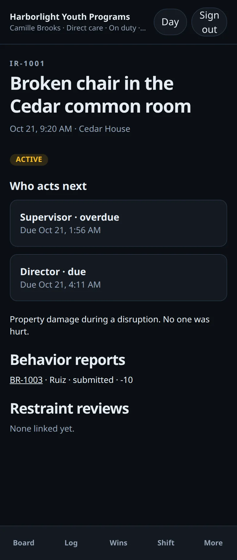 Condor incident on a phone with who acts now, linked behavior reports and restraint reviews