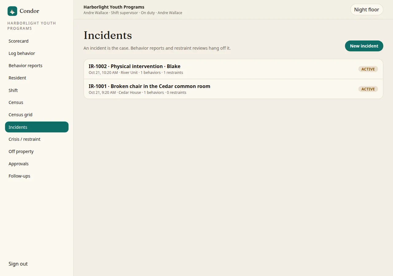 Condor incidents list for a sample agency with case numbers and status
