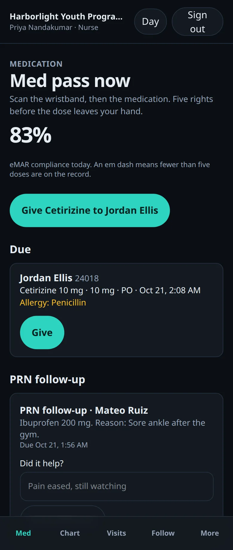 Condor nurse med pass screen on a phone listing scheduled medications