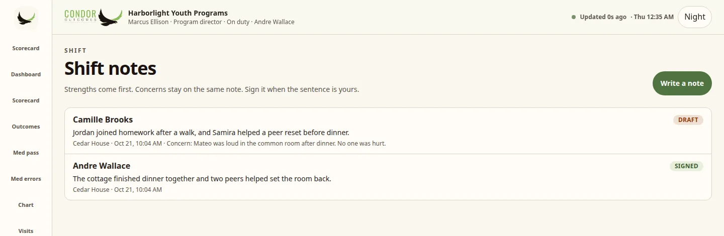 Condor Shift notes list for a sample cottage with one draft and one signed note