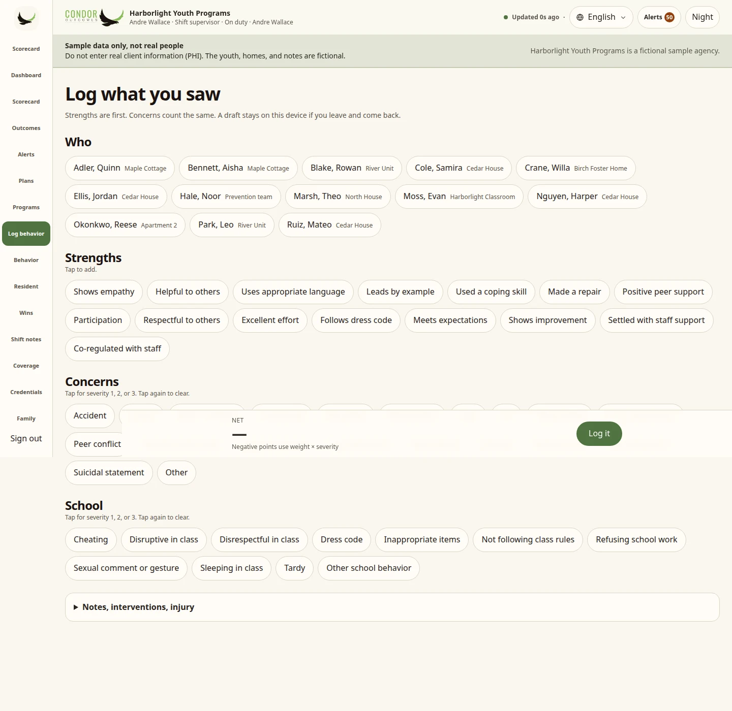 Condor Log what you saw screen: pick residents, tap strengths or concerns, add a note (sample data)