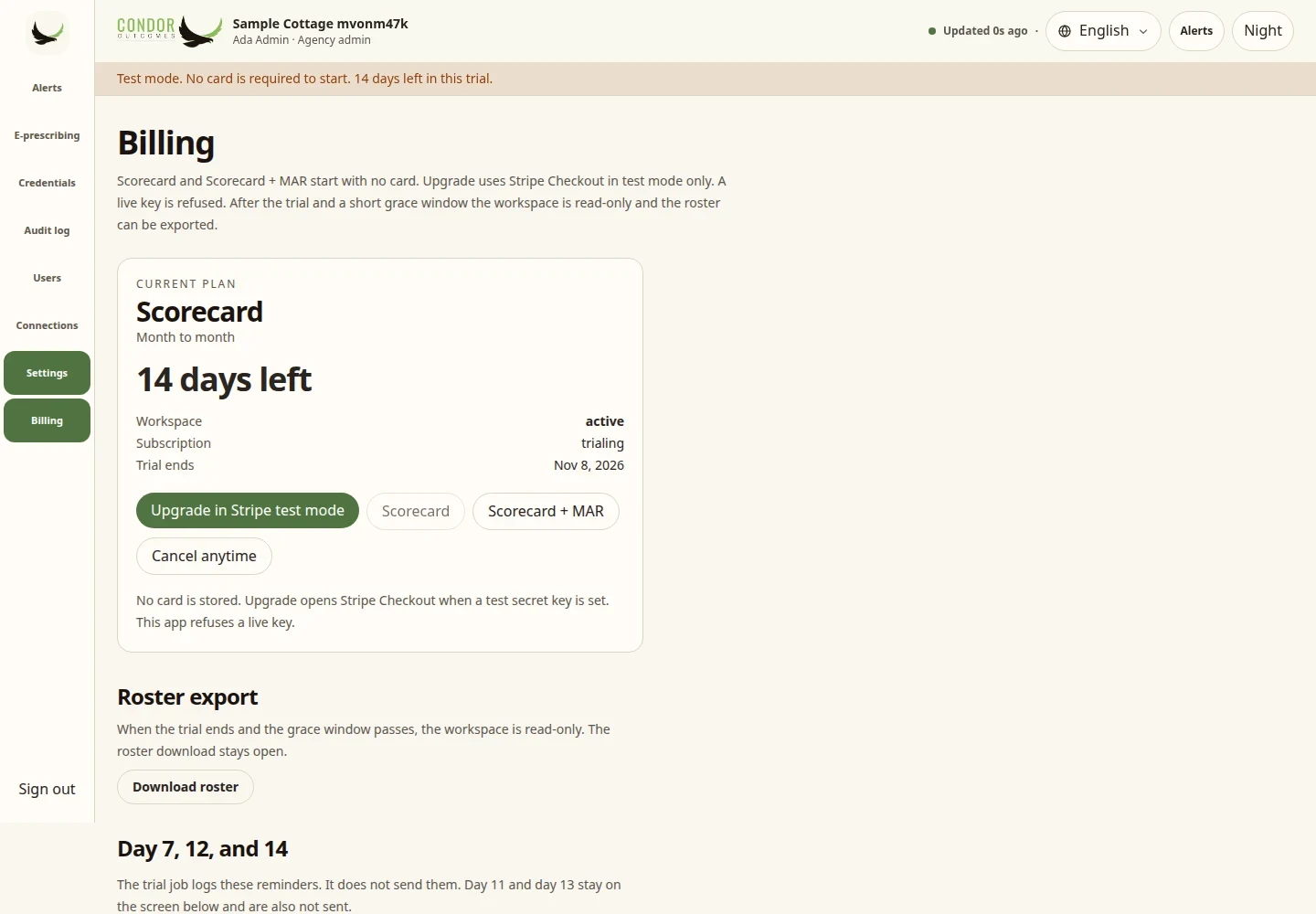 Condor billing page during a 14-day trial with no card on file (sample data)
