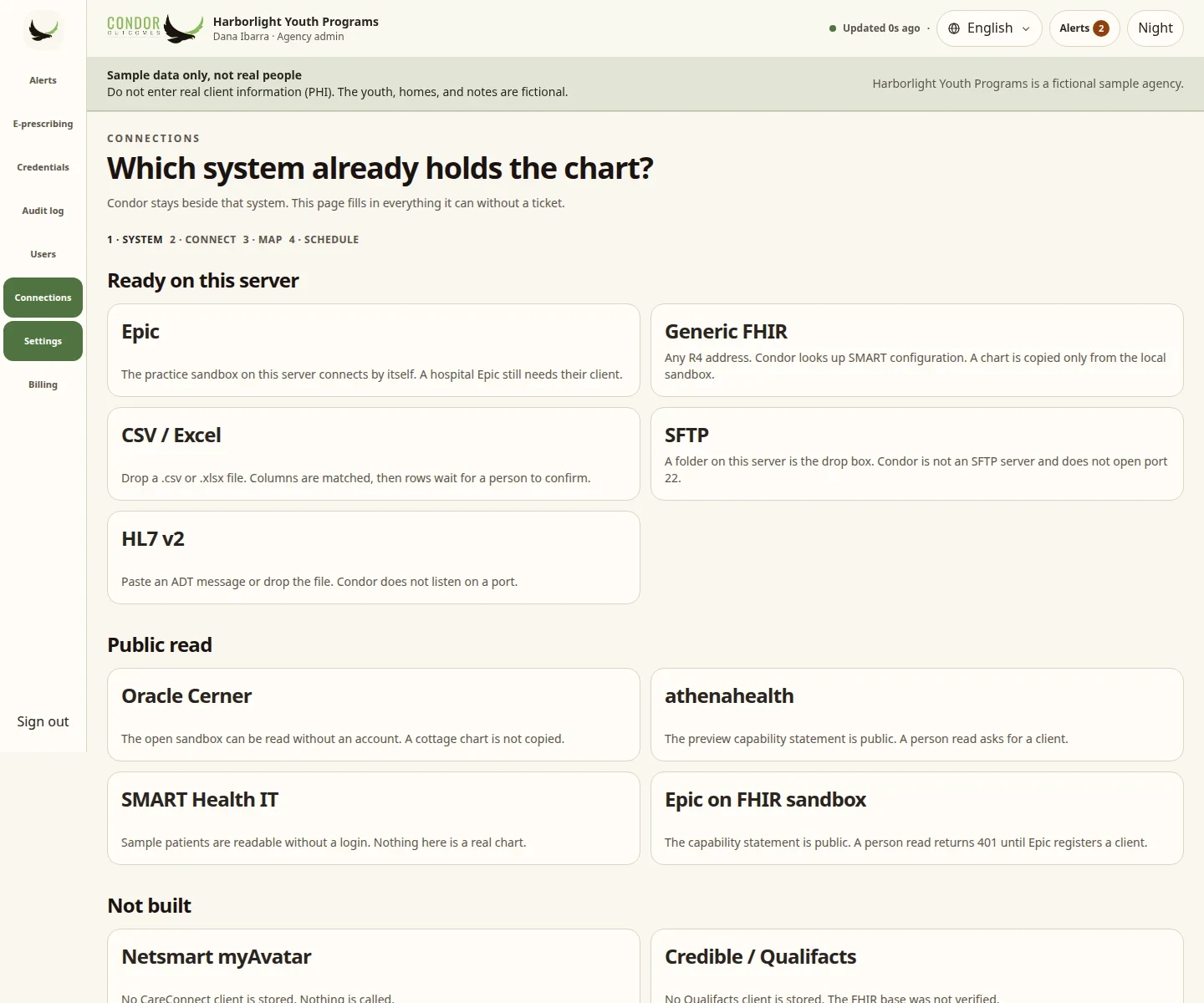 Condor connections wizard step 1: pick the system that holds the chart, with what works and what is not built yet (sample data)