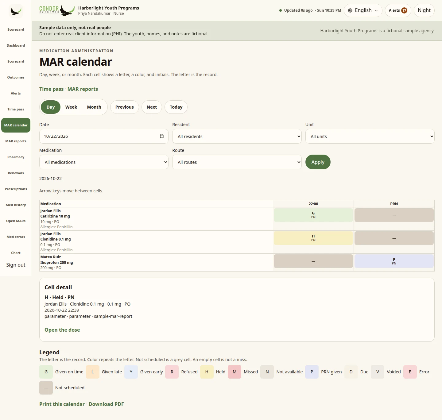 Condor held dose with reason code on the MAR calendar (sample data)