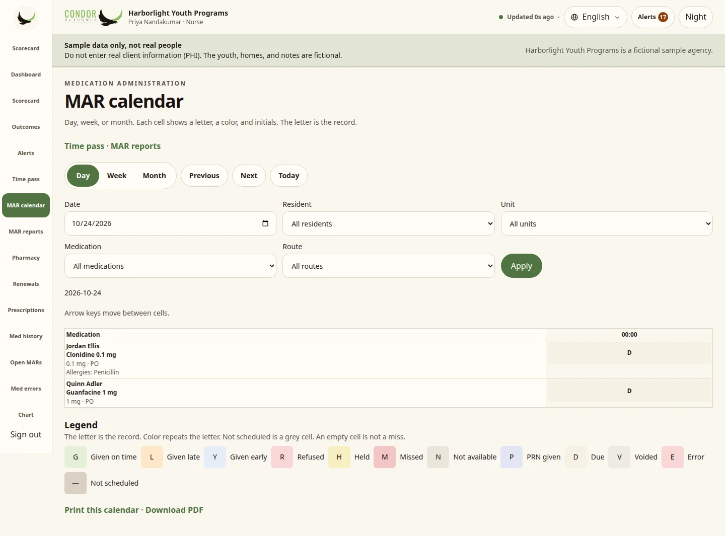 Condor MAR calendar day view (sample data)