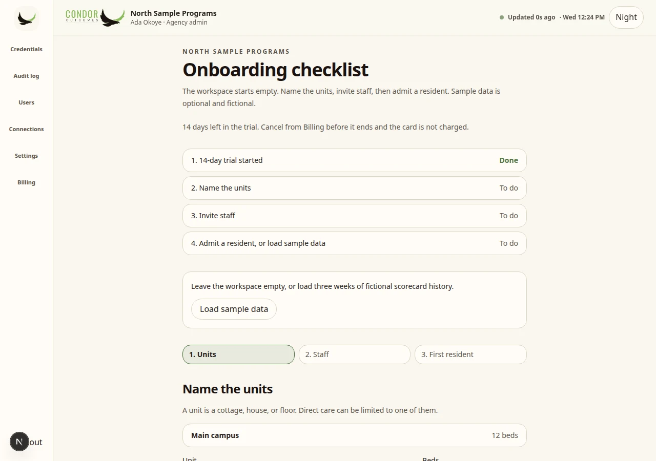 Condor onboarding checklist after self sign-up: name the units, invite staff, add residents (sample data)