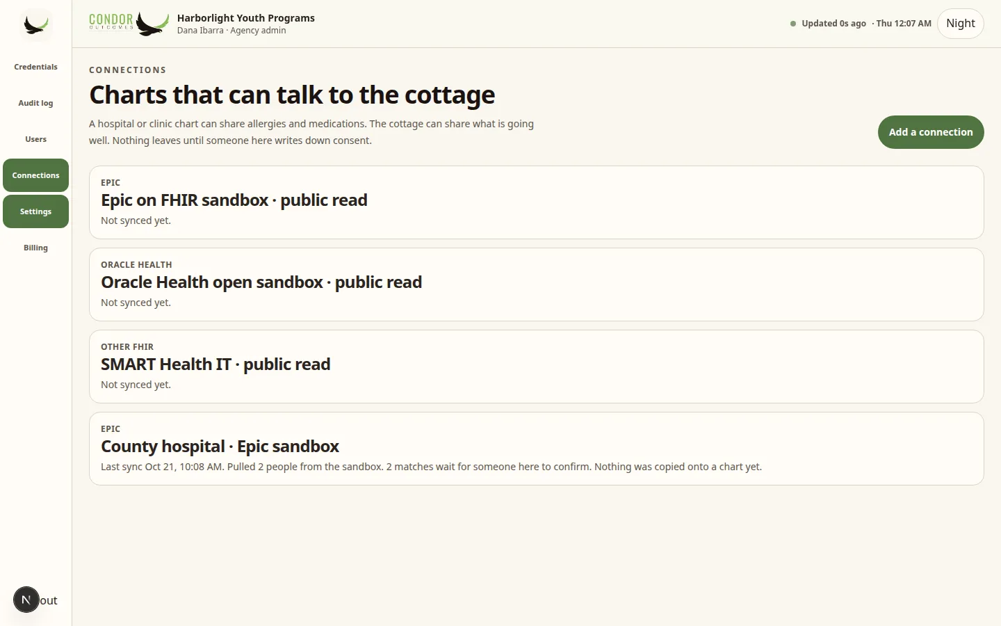 Condor Connections page listing public sandbox connections for Epic on FHIR, Oracle Health, SMART Health IT and a county hospital Epic sandbox