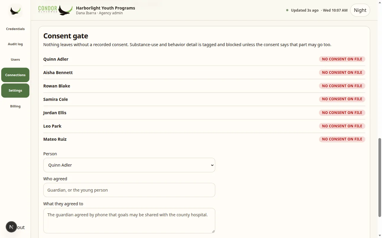 Condor consent gate listing sample residents with no consent on file