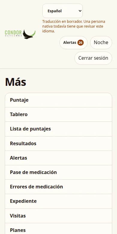 Condor More menu on a phone in Spanish with a language picker set to Español