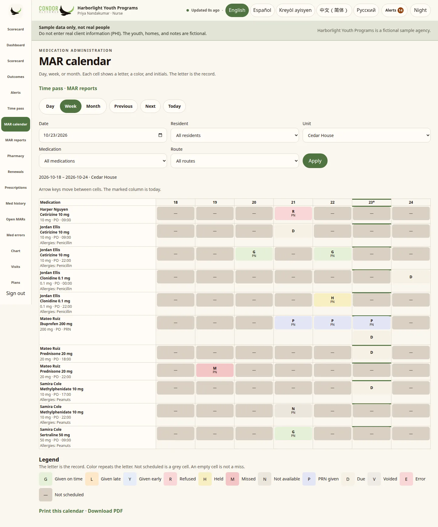 Condor MAR calendar, week view, with letter codes and staff initials (sample data)