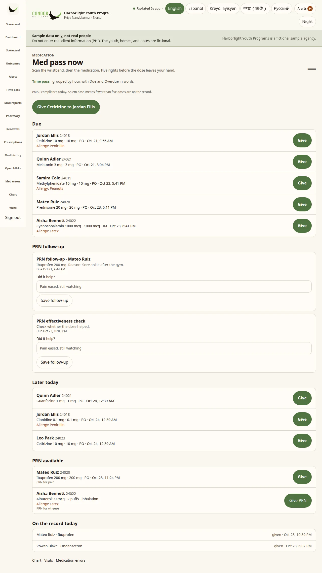 Condor hourly med pass board showing doses due by resident (sample data)