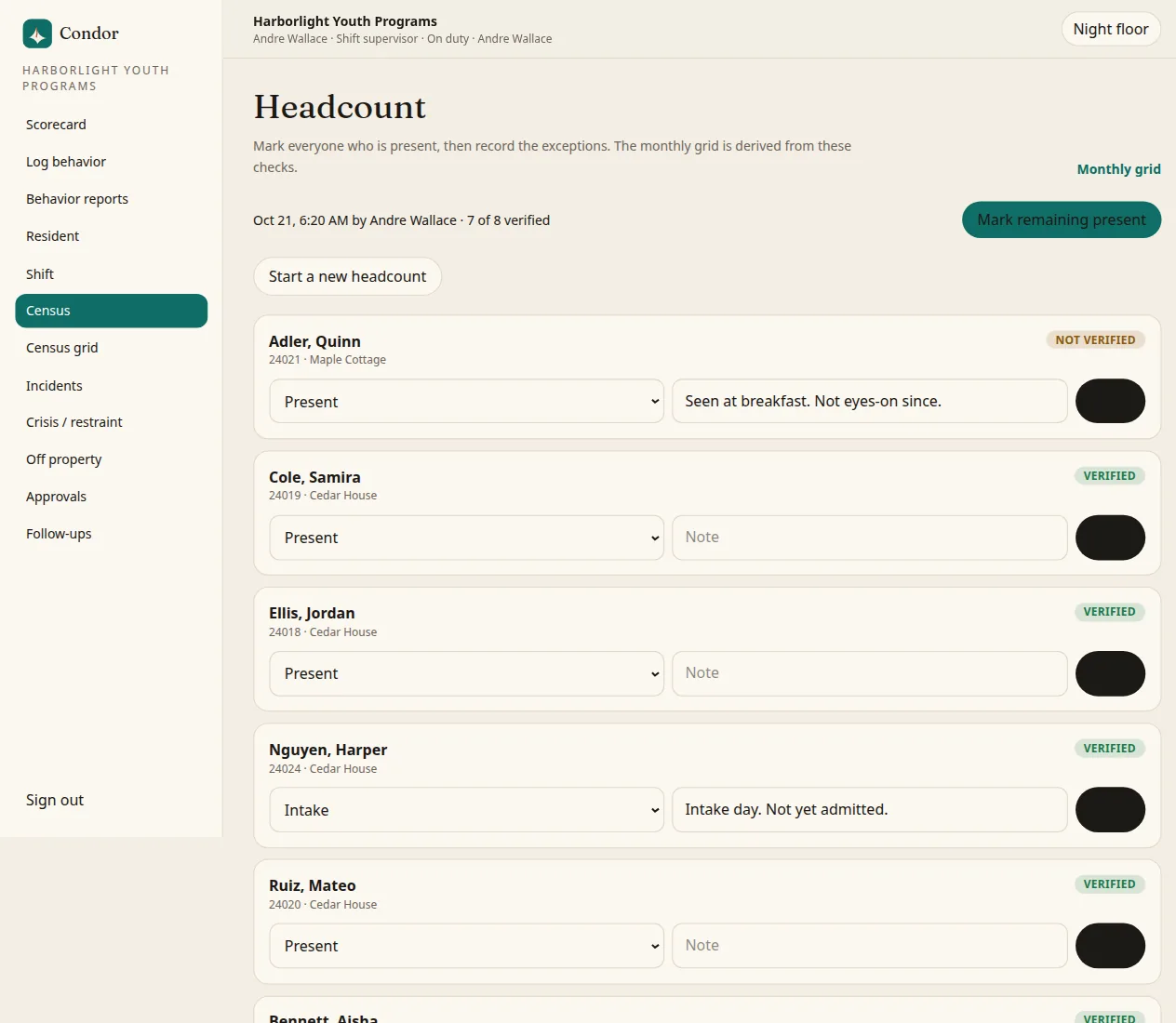 Condor census screen for a sample program listing residents by unit