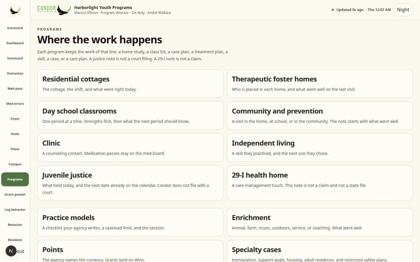 Condor Programs page for a sample agency listing program types with a short description of each