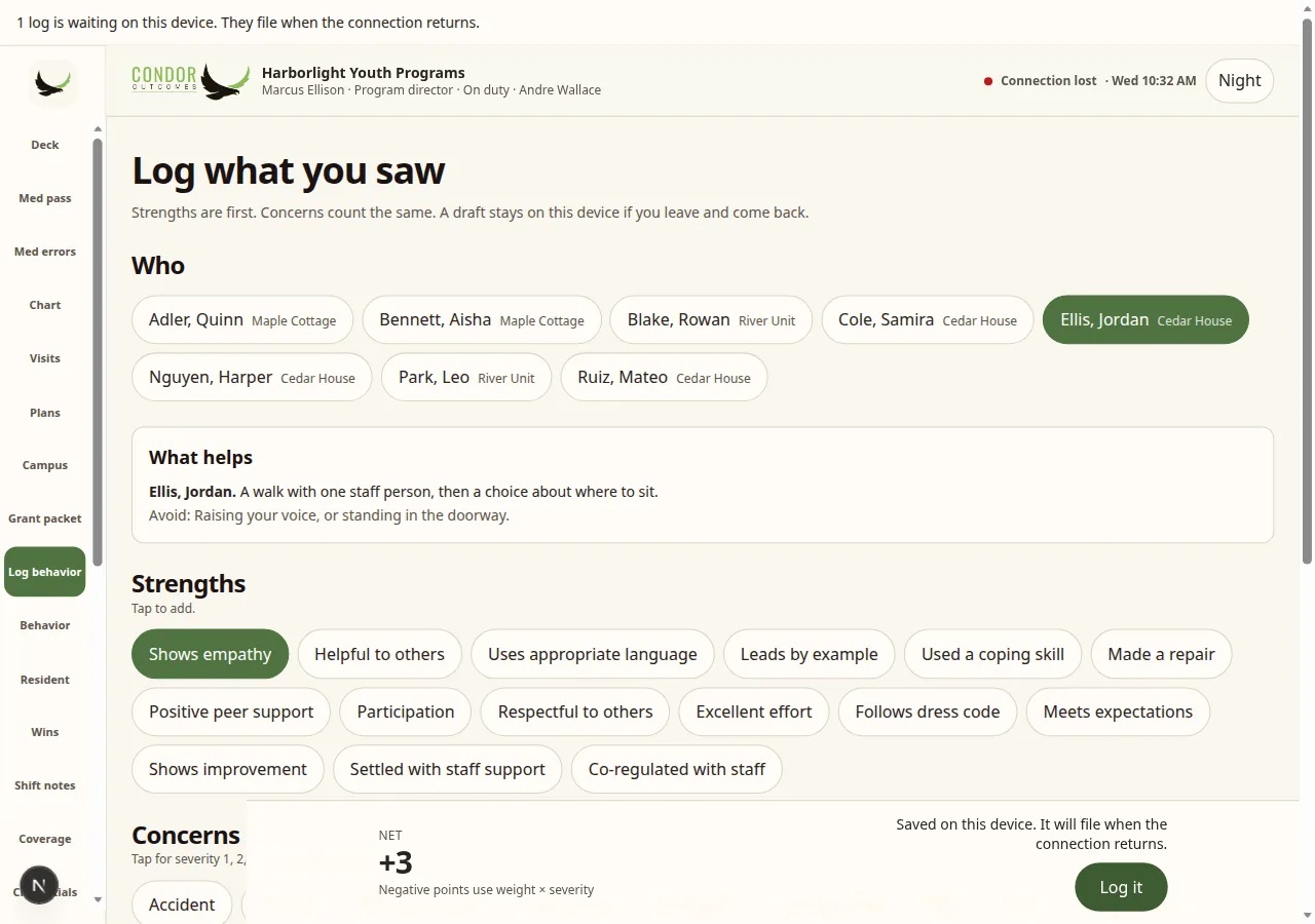 Condor Log what you saw screen with the offline queue indicator