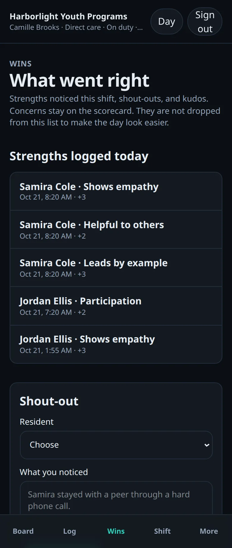 Condor What went right screen on a phone listing strengths logged today for sample residents