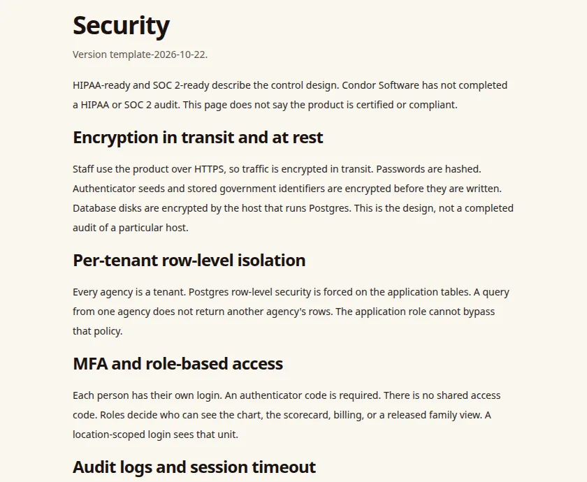 Condor in-app security page explaining encryption, per-tenant row-level isolation, MFA and role-based access