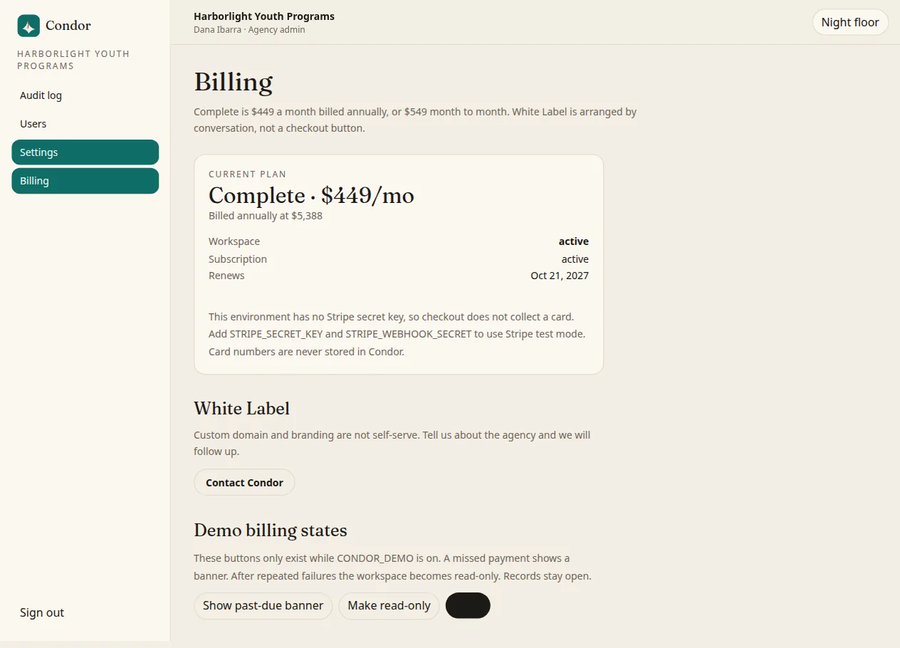 Condor billing page for a sample agency showing the Complete plan