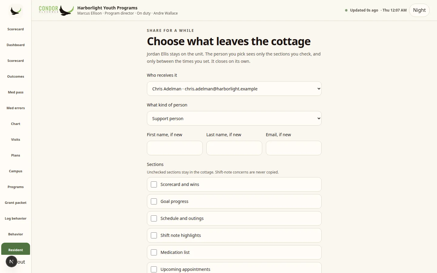 Condor Choose what leaves the cottage screen with recipient, kind of person and section checkboxes