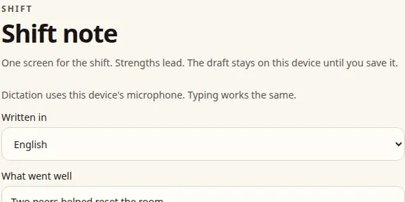 Shift note being dictated by voice in Condor, with the spoken text filling the note field