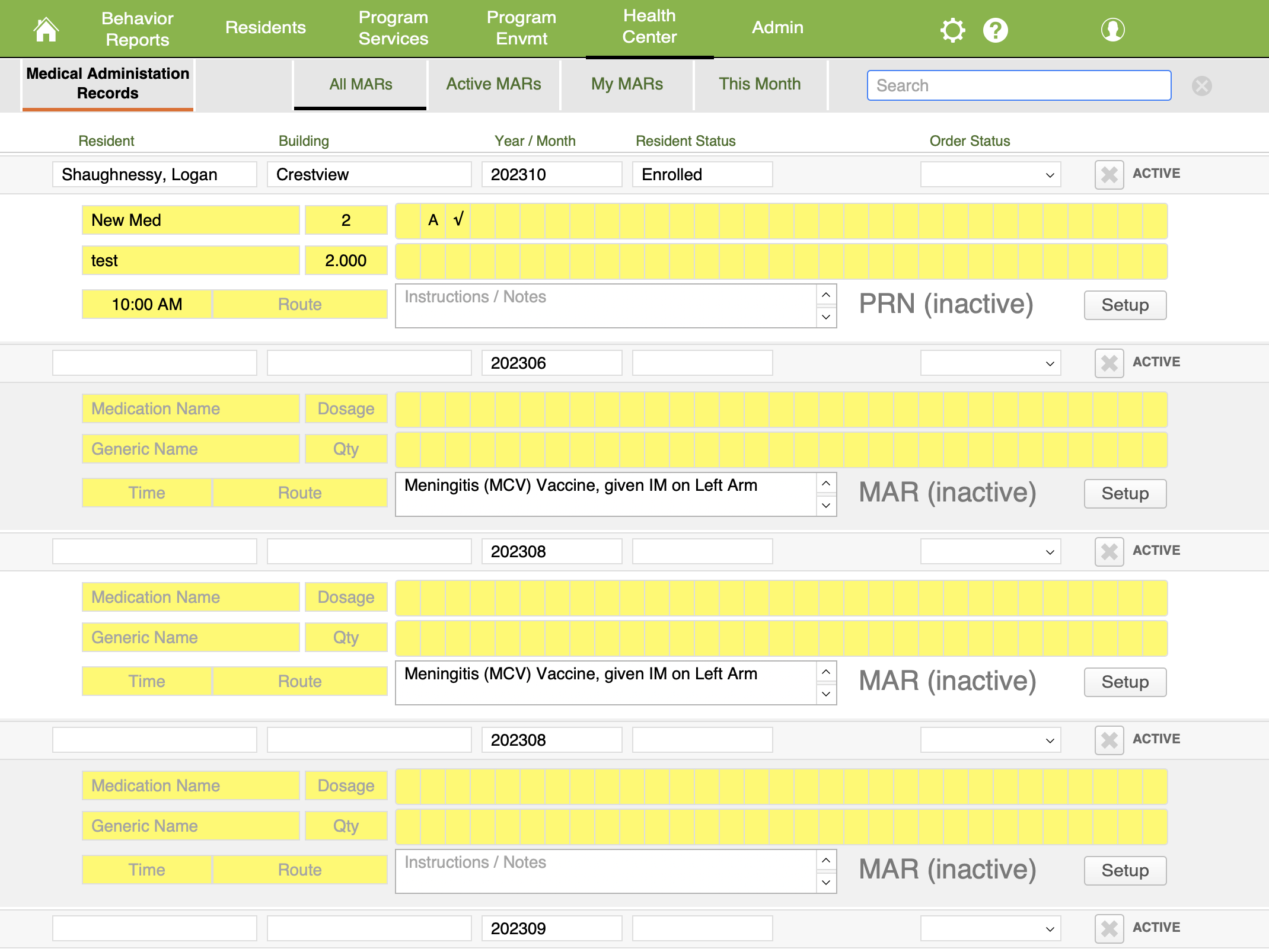 Condor Outcomes Health Center medication administration records (MARs) screen