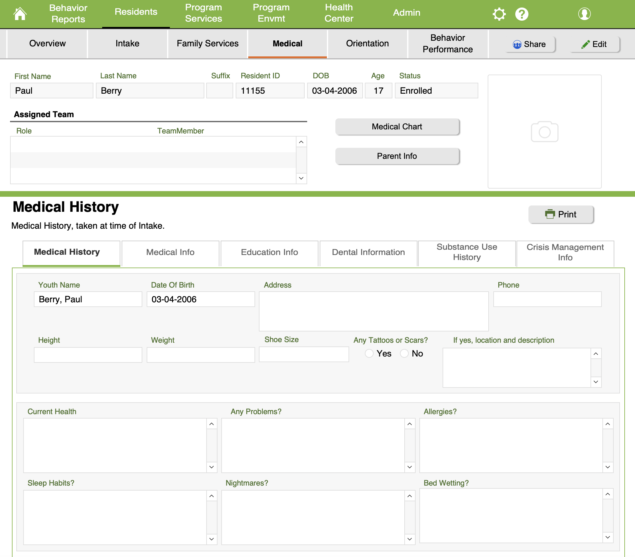Condor Outcomes Health Center medical history screen