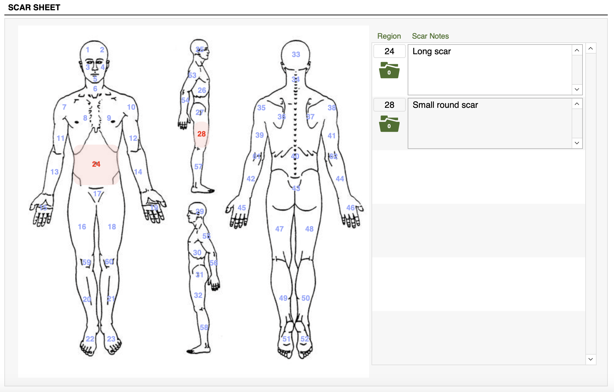 Condor Outcomes Health Center scar sheet clinical documentation screen